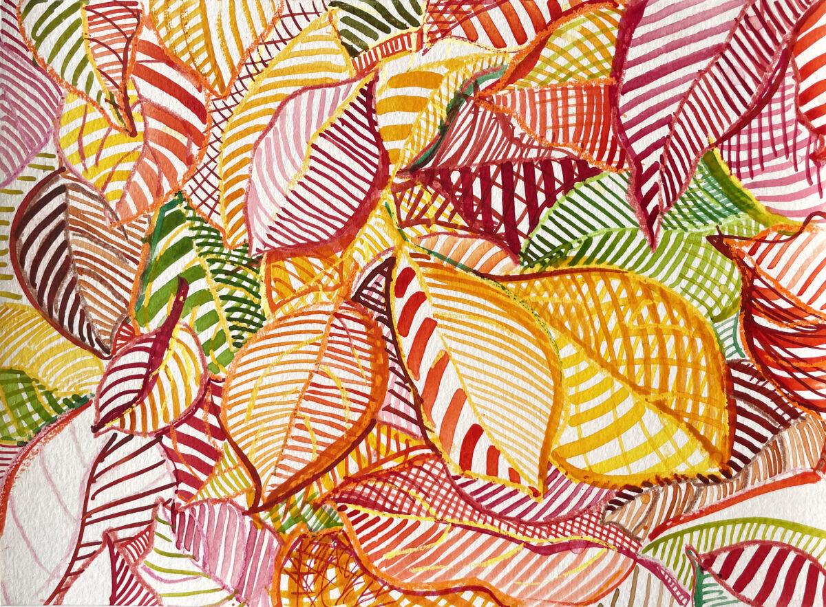 Drawing/Painting of leaves, Brooklyn, NY. Pencil and watercolor on paper. 9" x 12"