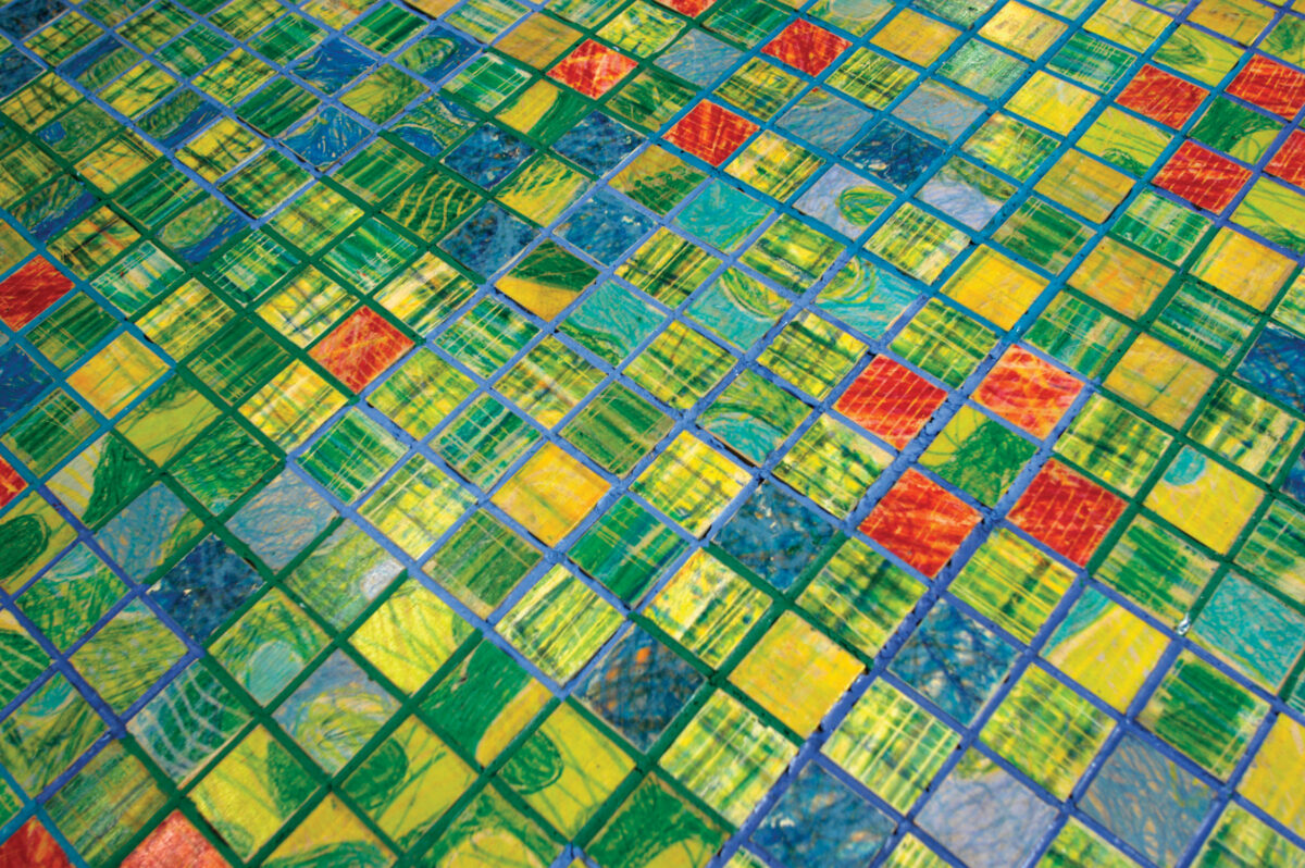 Detail, Colored wax scrubbed on birch, grout on pine, 6' x 8'