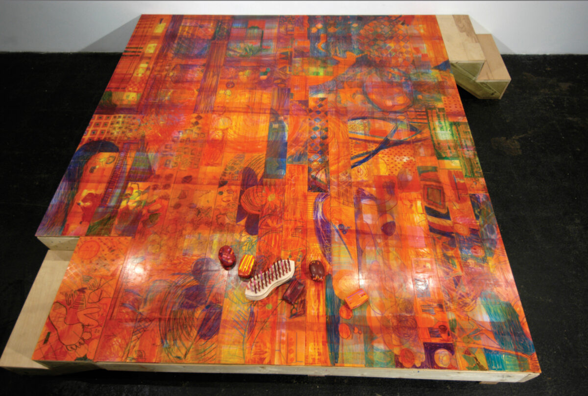 Colored wax scrubbed on birch, nails on pine, 9' x 10' x 24"