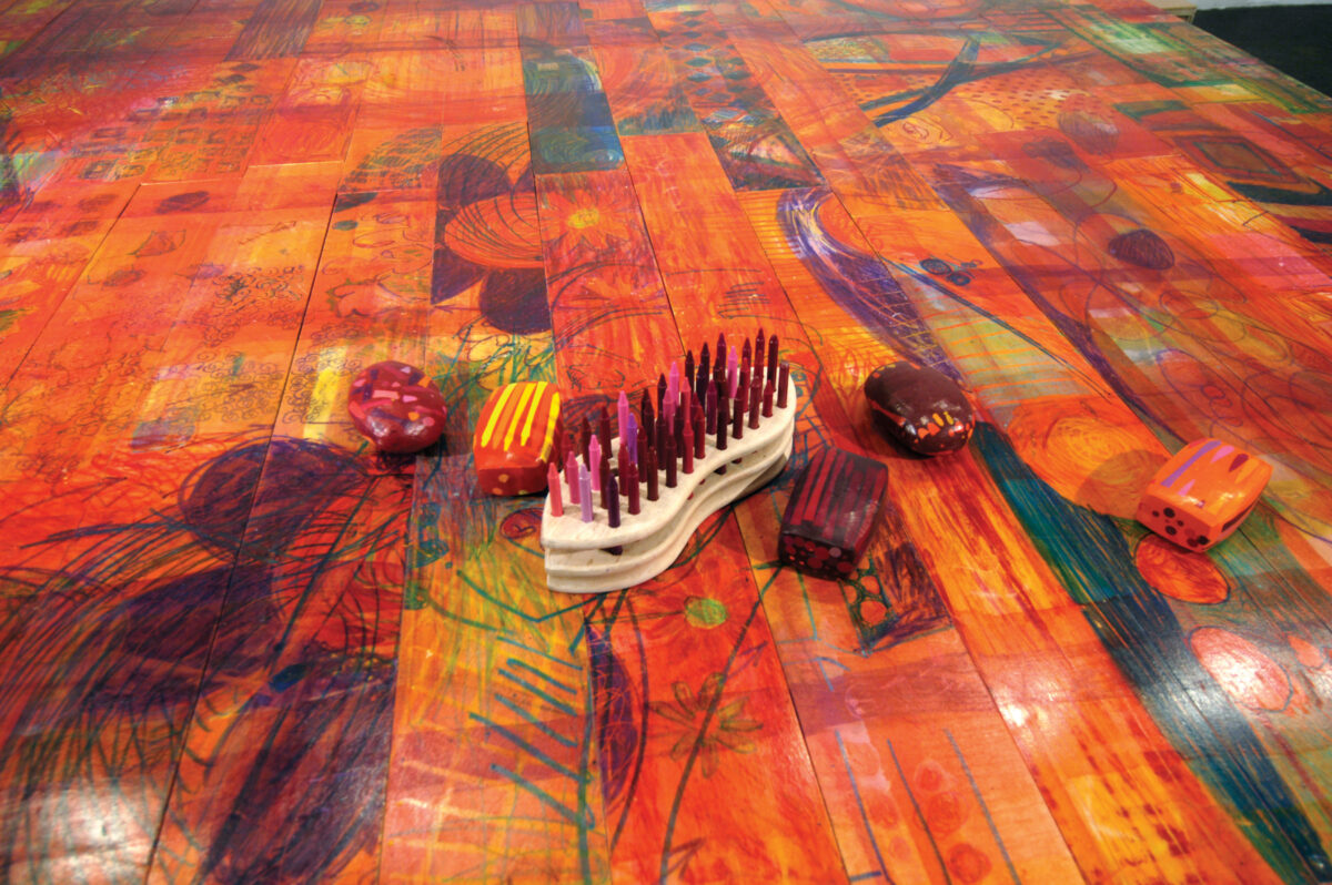 Detail, Colored wax scrubbed on birch, nails on pine, 9' x 10' x 24"