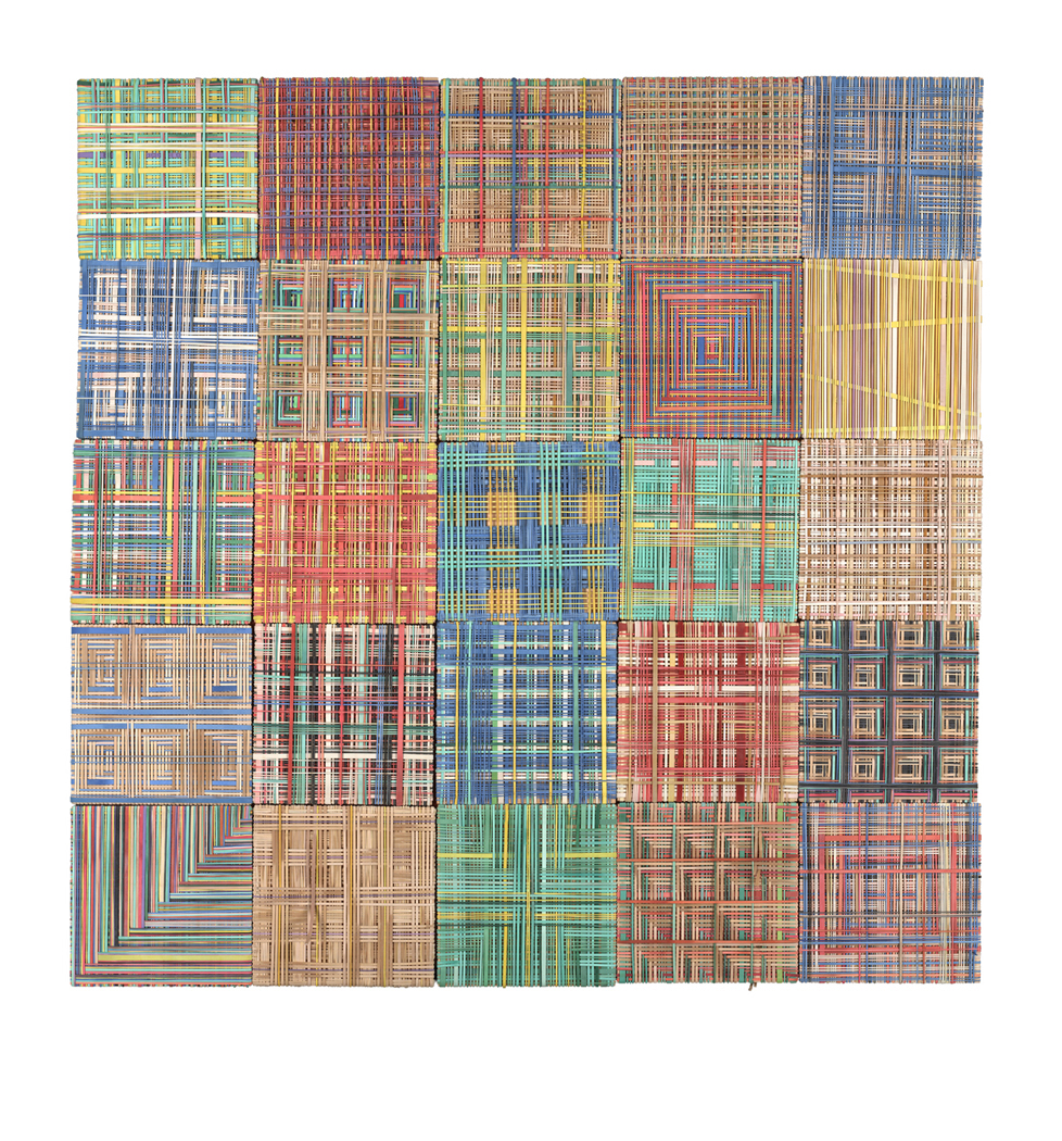 Digital Print of Sculpture: rubberbands stretched over birch, mounted on pine and rubber with brass, 41" X 43"