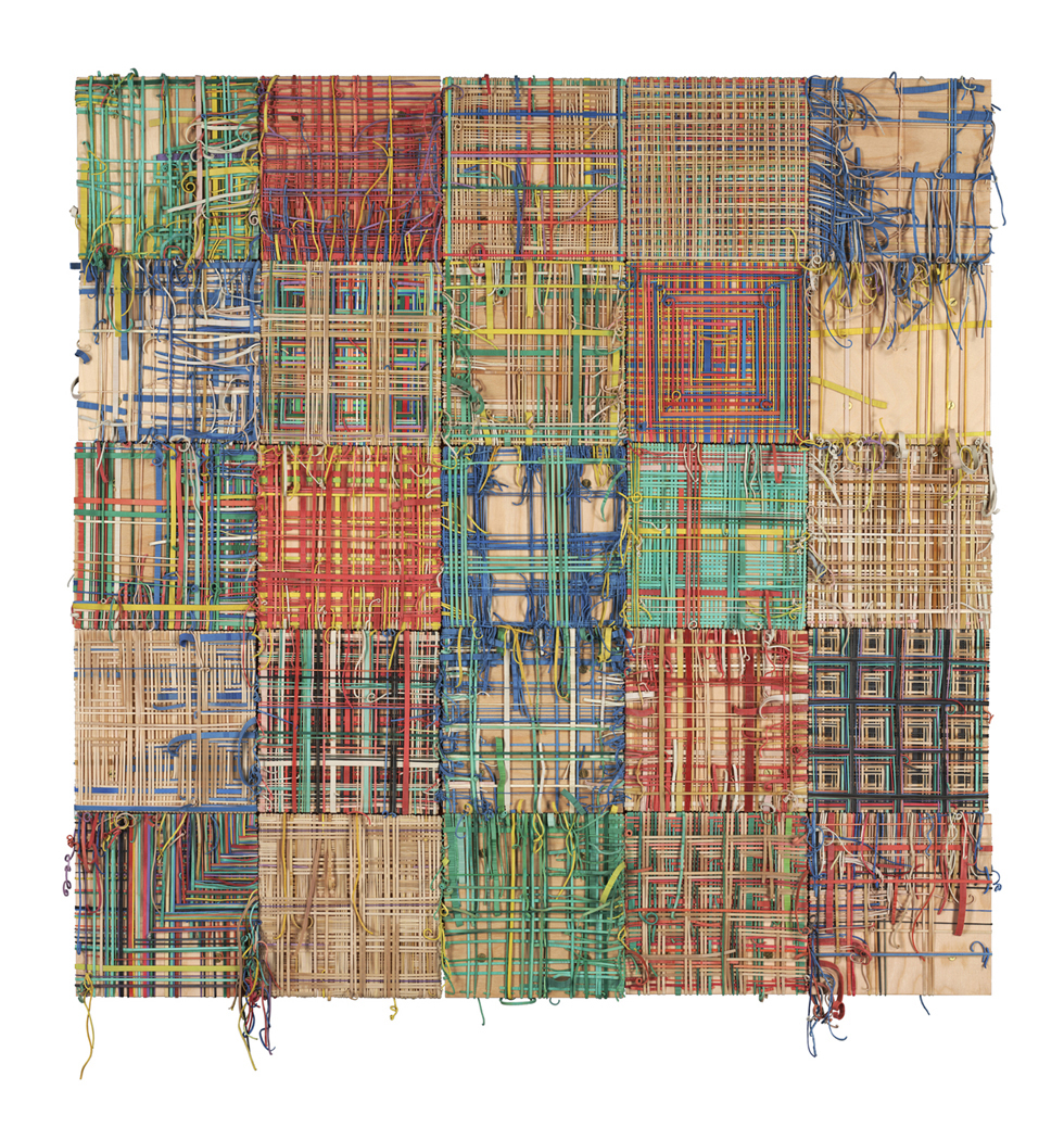 Digital Print of Sculpture: rubberbands stretched over birch, mounted on pine and rubber with brass, 41" X 43"