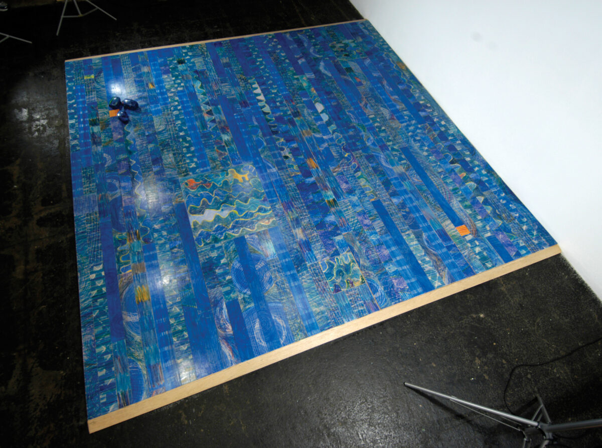 Colored wax scrubbed on birch, nails on plywood, 10' x 10'