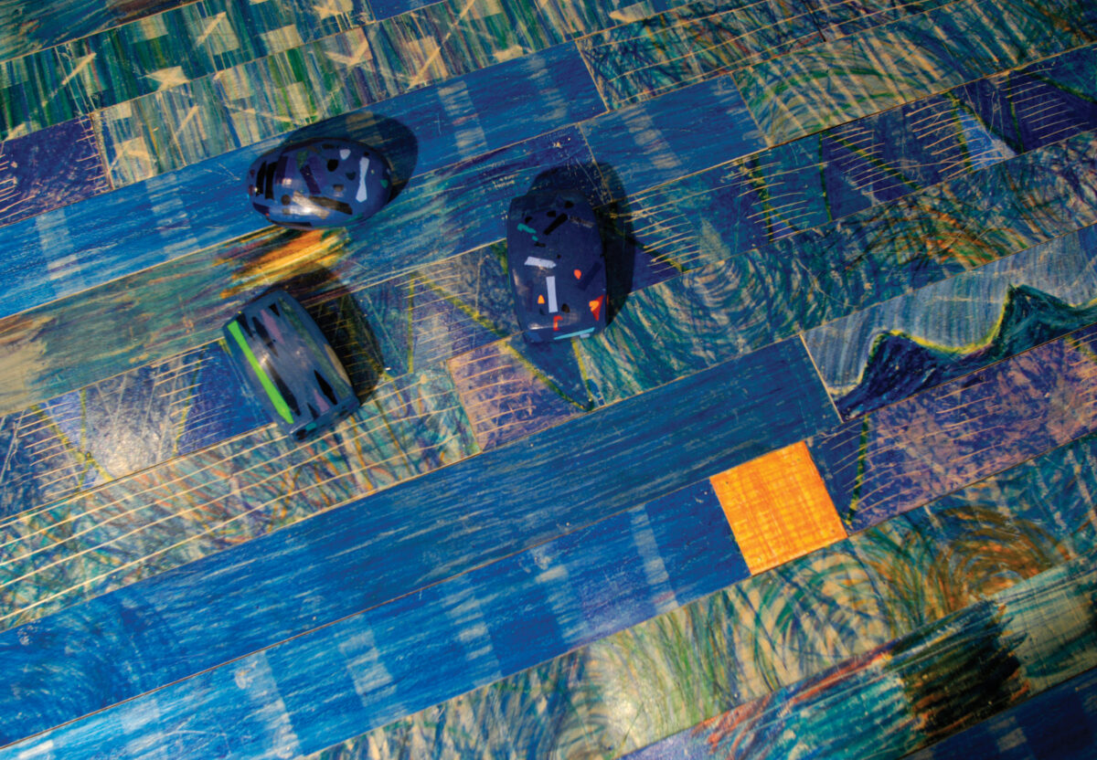 Detail, Colored wax scrubbed on birch, nails on pine, 10' x 10'