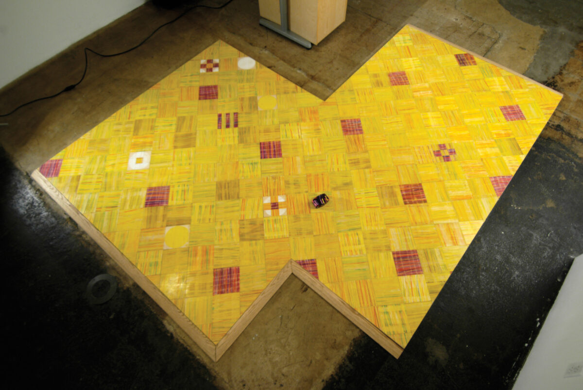 Colored wax scrubbed on birch, glue on plywood, 8' x 9'